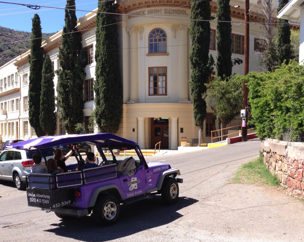 Lavender Jeep at Old Bisbee High School